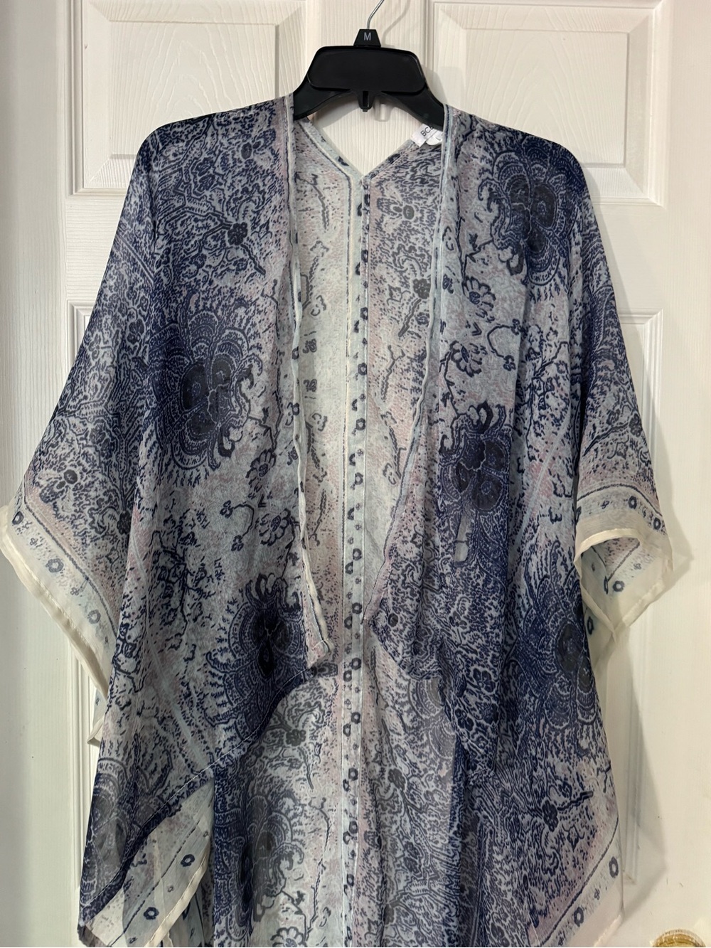 Womens Lightweight Cream & Navy Floral Print- Casual Open Kimono Style | Size OS